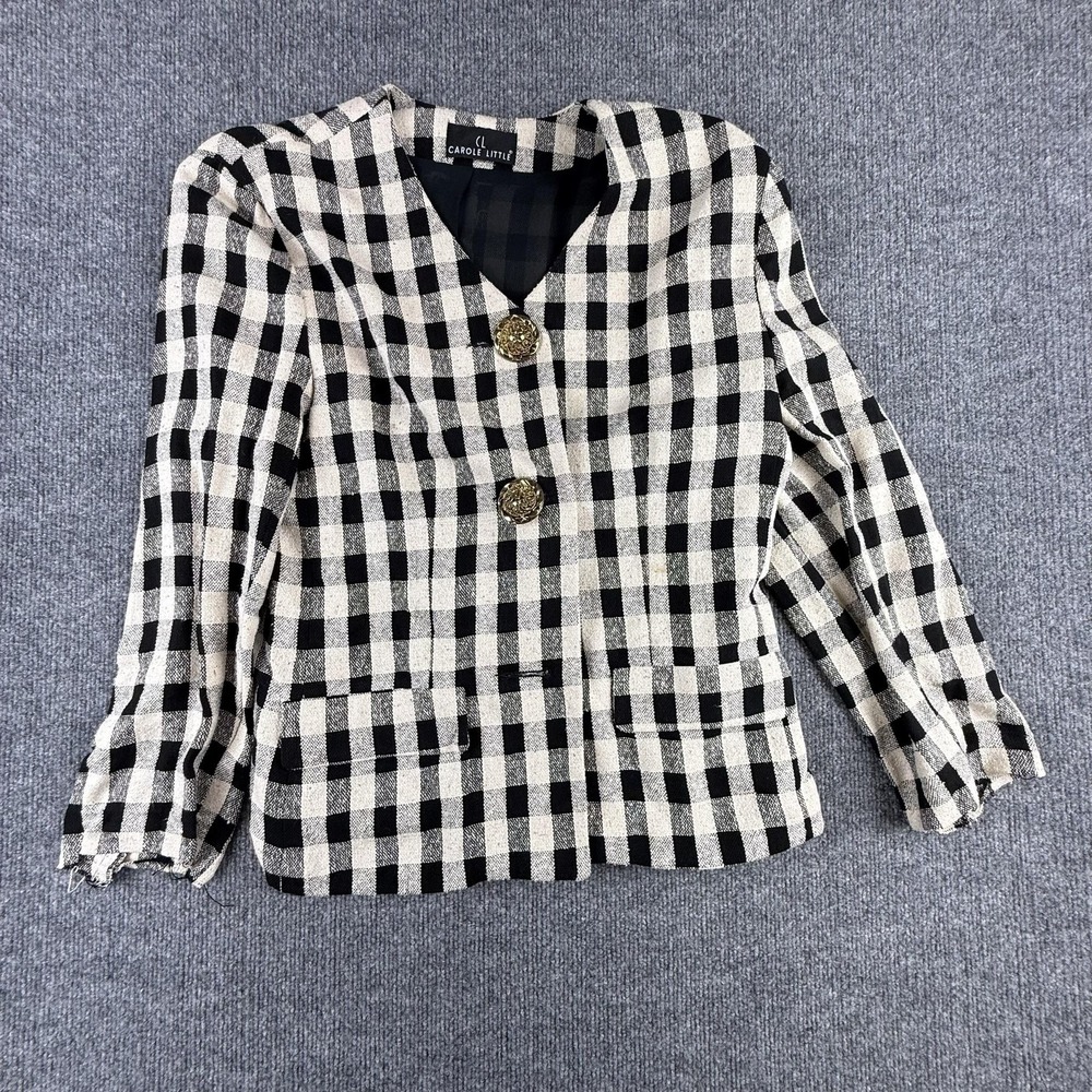 Vintage Carole Little Blazer Womens Petite Medium Black Check Lined Jacket 90s